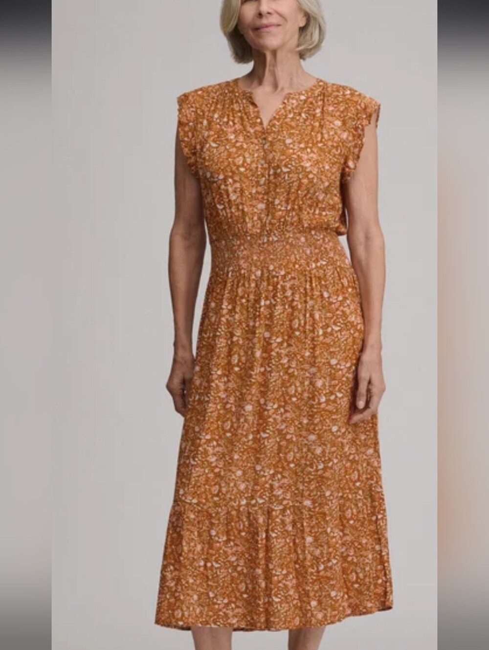 Maison Tara Rust Coral Pink Floral Maxi Dress Elastic Wasit M To L Womens Nwot